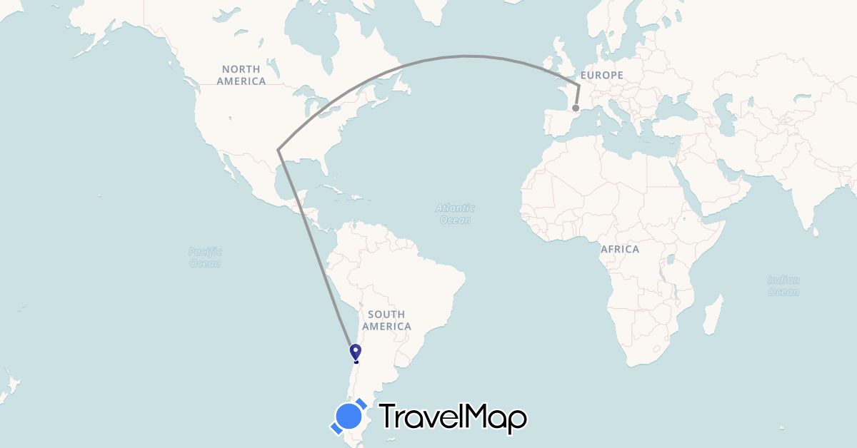 TravelMap itinerary: driving, plane in Chile, France, United States (Europe, North America, South America)